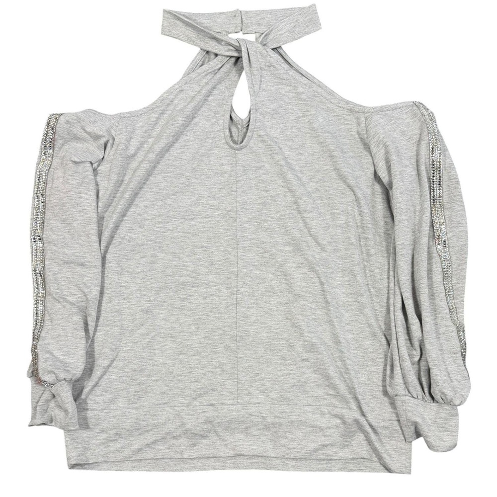 VENUS Cold Shoulder Top Womens L Gray Rhinestone Keyhole Halter Long Sleeve - Picture 9 of 17
